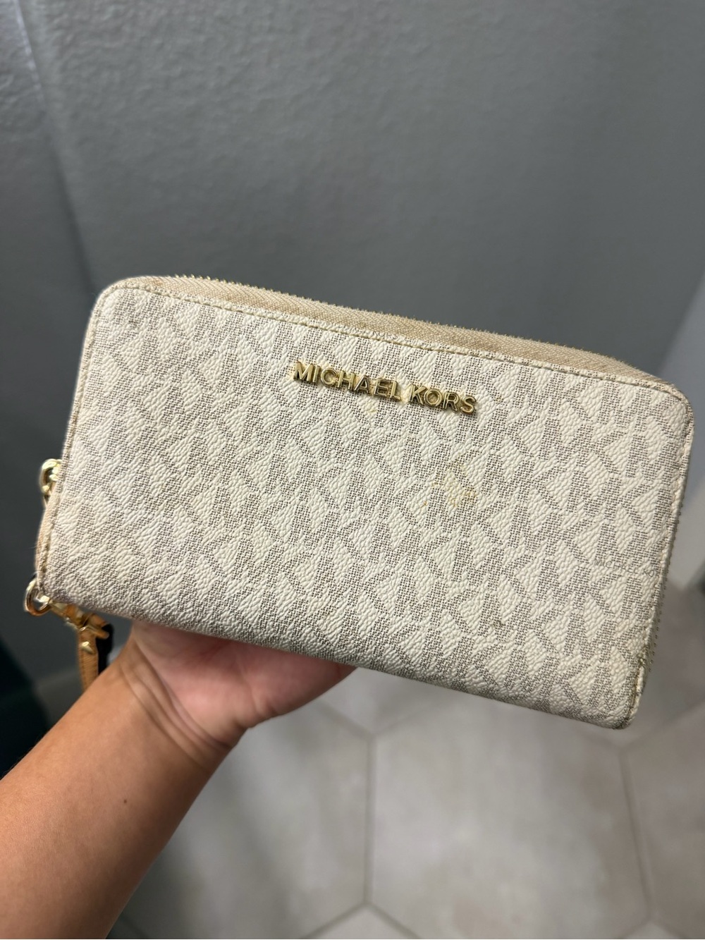 Michael Kors Beige Signature Zip-Around Wallet with Gold Hardware